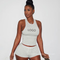Custom LOGO Women Two Pieces Sport Sets Breathable Fitness Workout Plus Size Yoga Bra and Short Sets Solid Color for Ladies